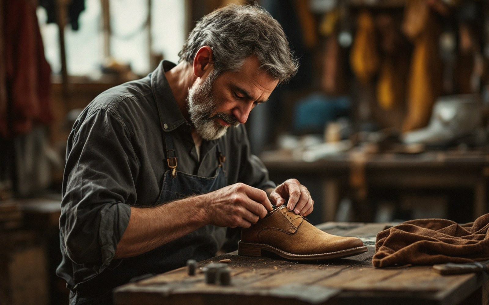 An adult hand stitching a welt on a lasted shoe at a bench