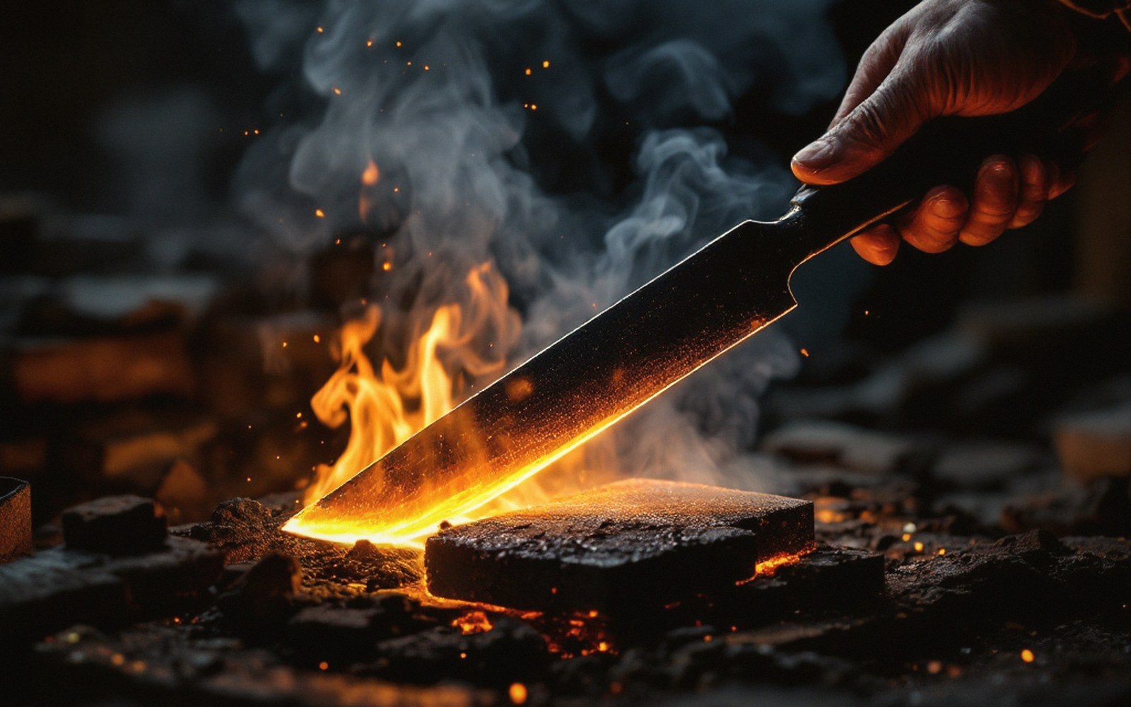 A glowing blade being quenched into oil, flame and smoke, dark forge